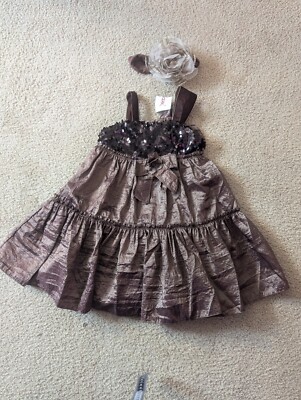 David Charles Brown Formal Sequin Ruffle Dress With Big Floral Headband Size 2T
