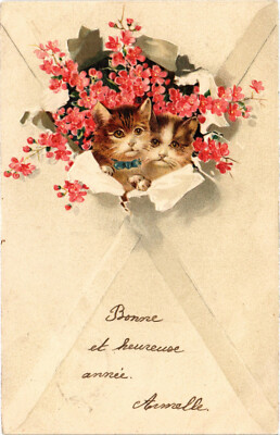 PC CATS, BONNE ET HEUREUSE ANNÉE, Vintage EMBOSSED Postcard (b46753)