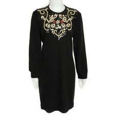 Black Knit Dress w Elaborate Sequin, Pearl and Beaded Design at Neck Vintage 8