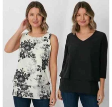 DG2 by Diane Gilman 2pck Printed Easy Tank/3/4-Sleeve Easy Top Black  XS