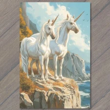 Art Print Unicorn Pair On Rock Sea Water Sun Weird Unusual Strange Left Behind