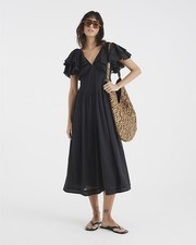 River Island Womens Midi Dress Black Premium Flutter V-Neck Short Flutter Sleeve