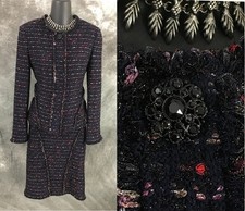 BEAUTIFUL St John couture knit blue multi fringe skirt suit size 2