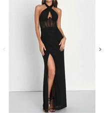 Lulus Never Ending Glamour Maxi Dress XS Black Mesh Cross Front Halter Date