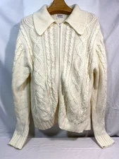 Vintage Acrylic Cableknit Sweater Men Fishermen Cardigan White Cream Large 