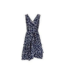 Carolina Herrera Navy White Polka Dot V Neck Ruffle Hem Dress Size 4