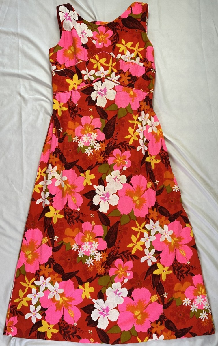 Vintage 60s Penneys Hawaii Floral Maxi Dress Pink Red Hibiscus
