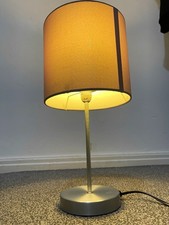 Modern Silver Metallic Table Lamp, Beige Fabric Drum Shade, E27 LED