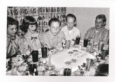Vintage Old Photo of 1950s Birthday Party Cake for Children Preteen Boys & Girls