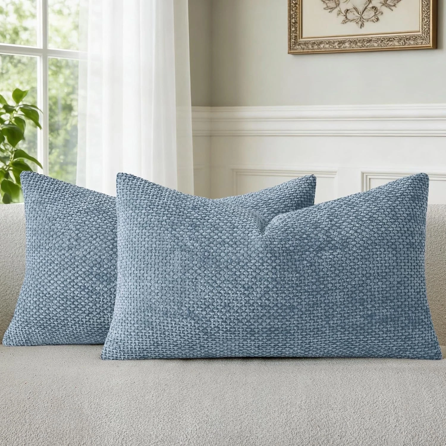Blue Chenille Throw Pillow Covers 12x20 Inch Pack of 2 Modern Decorative Throw