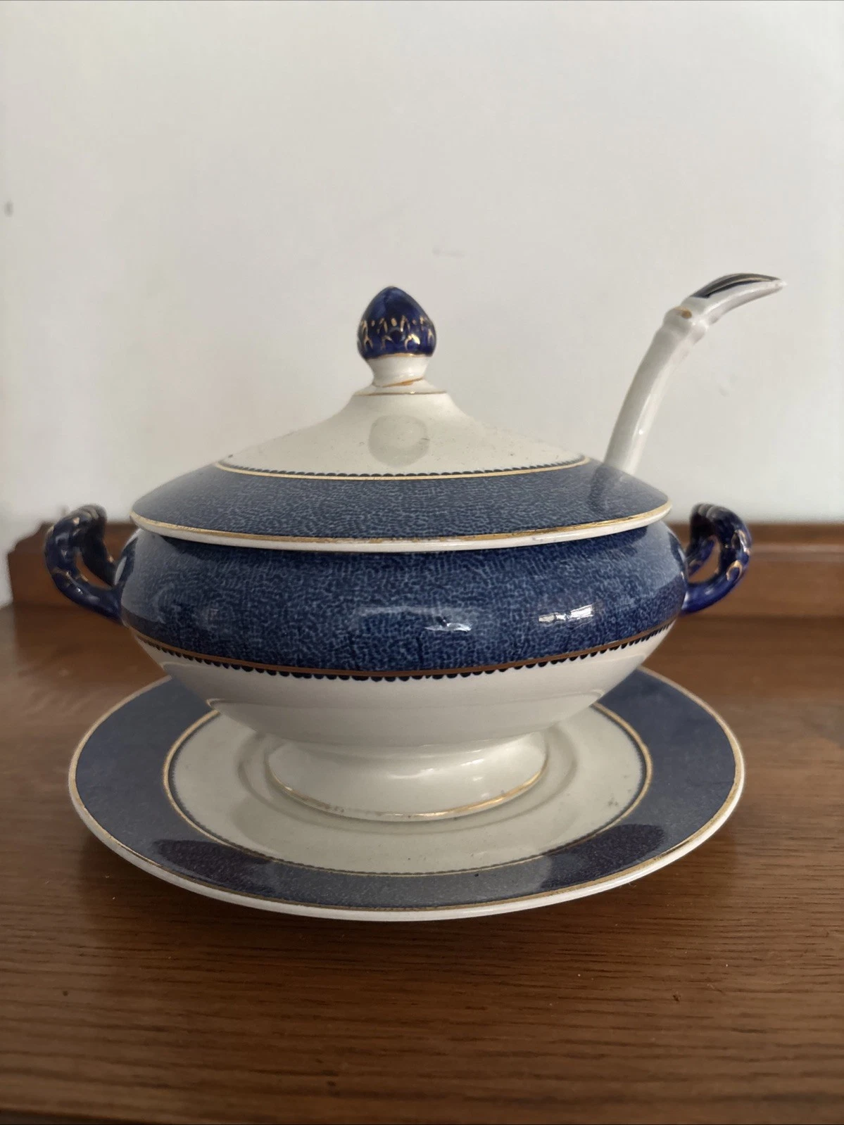 Vintage Small Blue And Gilt Sauce Tureen With Lid Ladle And Underplate