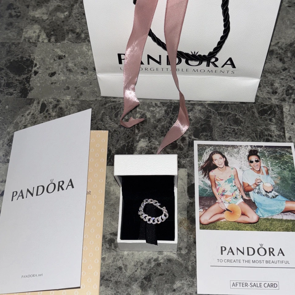 Anillo Cadena Cubana Pavé Plata Pandora Genuino Talla 9 #193557C01 Foto 3 de 4