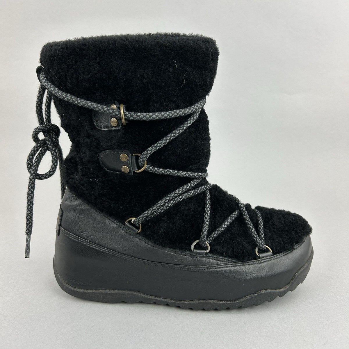 Fitflop Superblizz Black Shearling Ankle Lace Hidden Wedge Winter