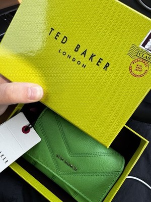NWT Ted Baker Leather Wallet Grass Green Small Travel Coin Purse W Gift Box