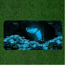 Creative License Plate Auto Tag With Gorgeous Blue Butterfly With Blue Bushes