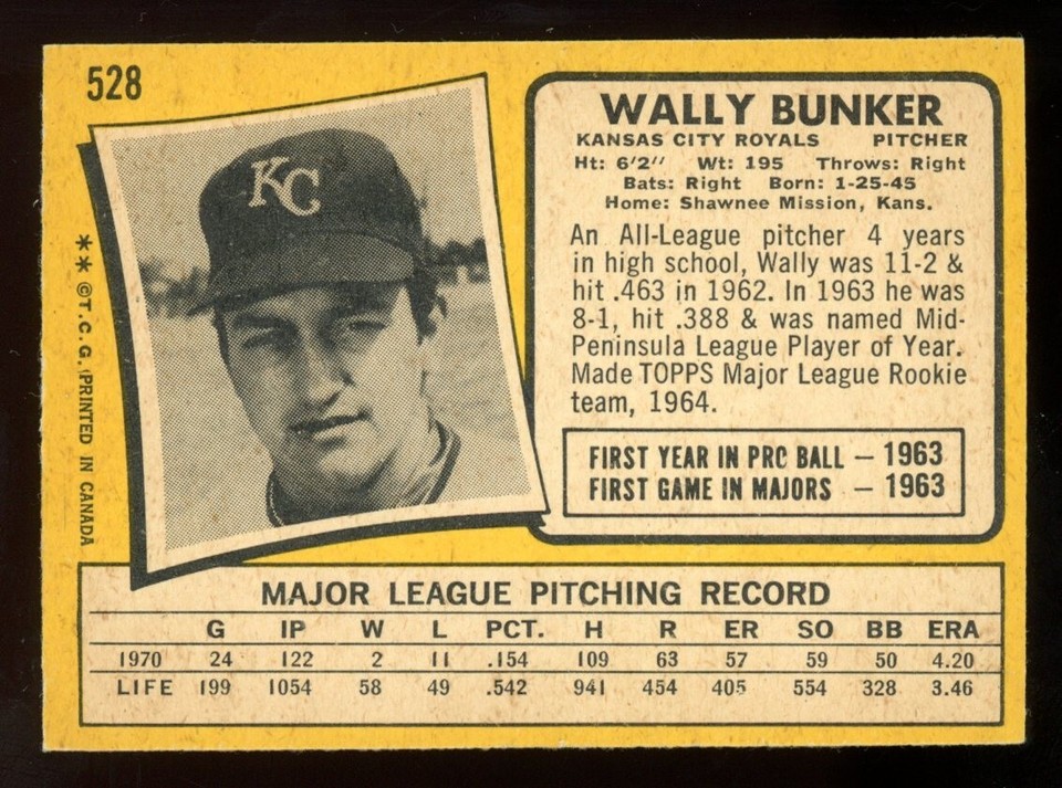 1971 TOPPS OPC O PEE CHEE NHL BASEBALL 528 Wally Bunker NM KANSAS CITY