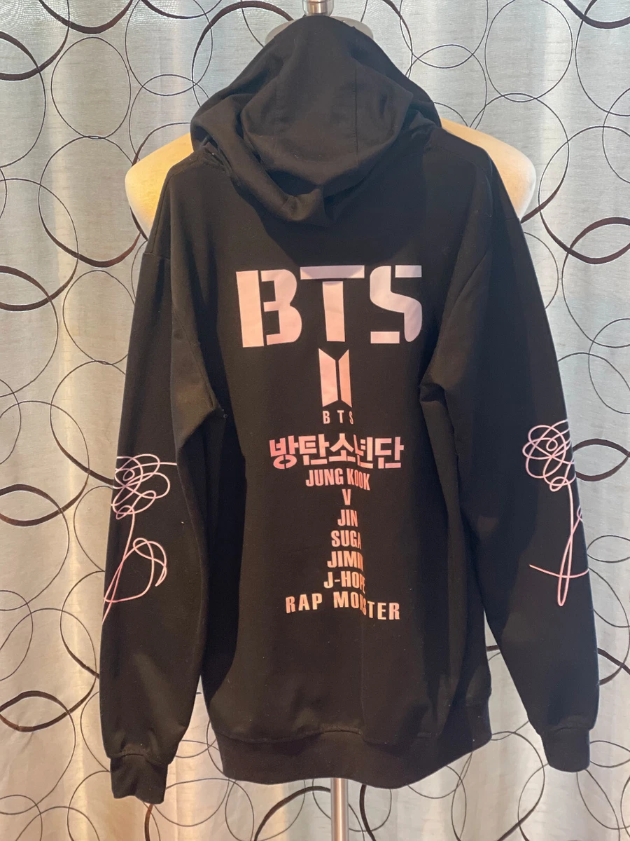 BTS ARMY Girls BLACK PINK PRINT Hoodie Front Pocket Logo Sweatshirt Size L