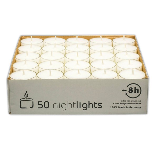 50 Teelichter Weiss Brenndauer 8 Stunden Paraffin Windlicht Kerze Ohne Duft-image