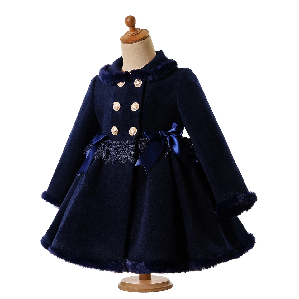 Girls Holiday Christmas Party Dresses Wedding Bow Lace Coats with Gold Button - Image 2 of 4