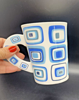 Dunoon Fine Bone China RAVE Mug Sarah Mercer Asymmetrical Frames Blues Retro EUC