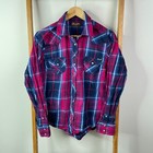 Wrangler Shirt Top Womens 14 Purple Blue Plaid Pearl Snap Western Long Sleeve