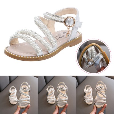 Kinder Mädchen Sommer Sandalen Kinder Diamante Pearl Party Strappy Flat Schuhe
