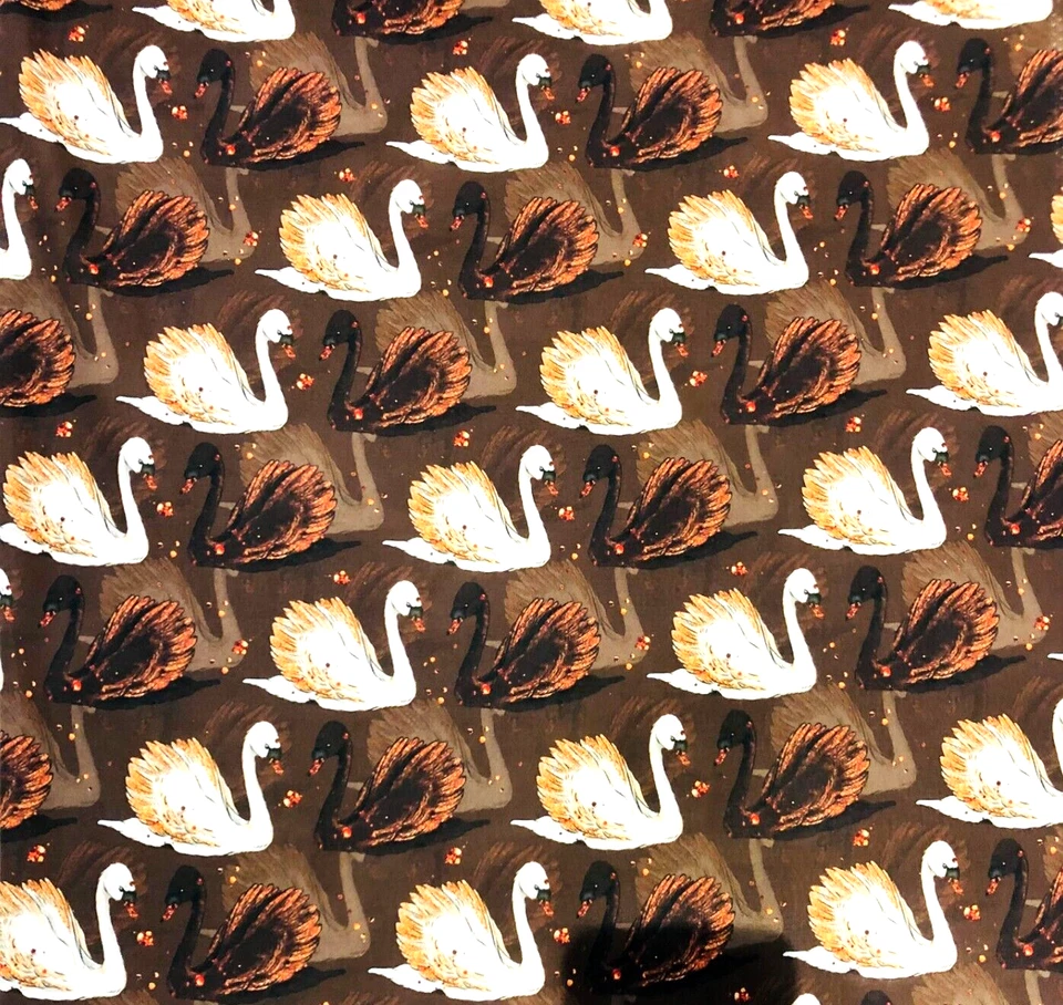 Baumwollstoff Meterware Schwäne Weiß Schwarz auf Braun Black Swan Wasser Vogel - Bild 4 von 4