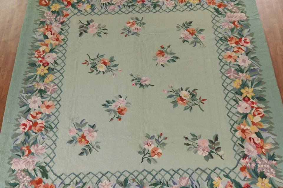 Square Green Needlepoint Living Room Rug 10x11 Hand-Hooked Wool for Dining Room - Image 4 of 4