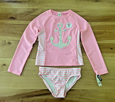 NWT OshKosh Girls 2 Piece Swim Bathing Suit Rash Guard Pink Anchor Sequins Sz 10