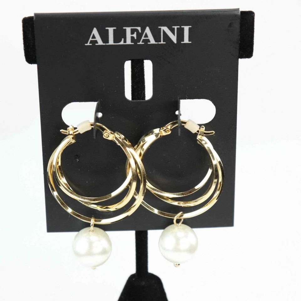 Alfani Gold-Tone Imitation Pearl Multi-Ring Dangle Hoop Earrings - Image 2 of 4