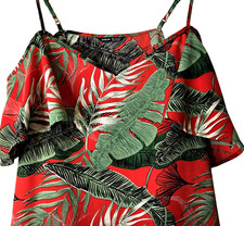 Cold Shoulder Mini Dress Womens XL Red Green Tropical Hawaiian Palm Leaf Shein