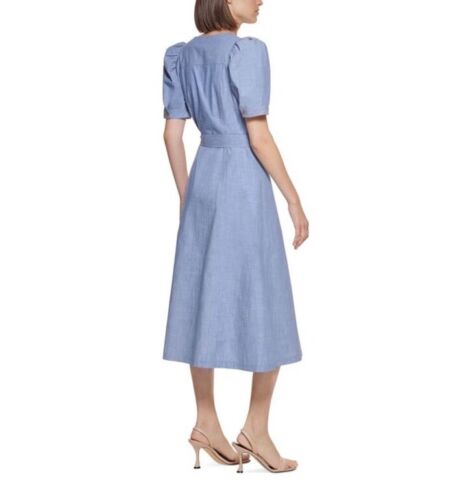 Calvin Klein Puff Sleeve Midi Dress Size 12 Chambray Button Front Belted Career - Picture 3 of 14