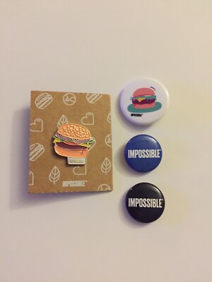 The Impossible Burger enamel pin + 3 buttons vegan vegetarian foods