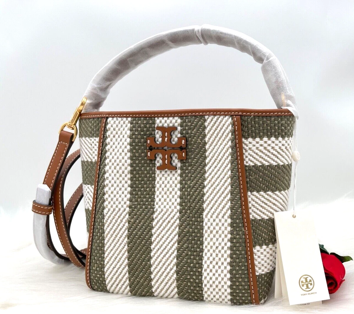 AUTH NWT $398 Tory Burch Women's McGraw Stripe Woven Small Bucket Bag  In Multi