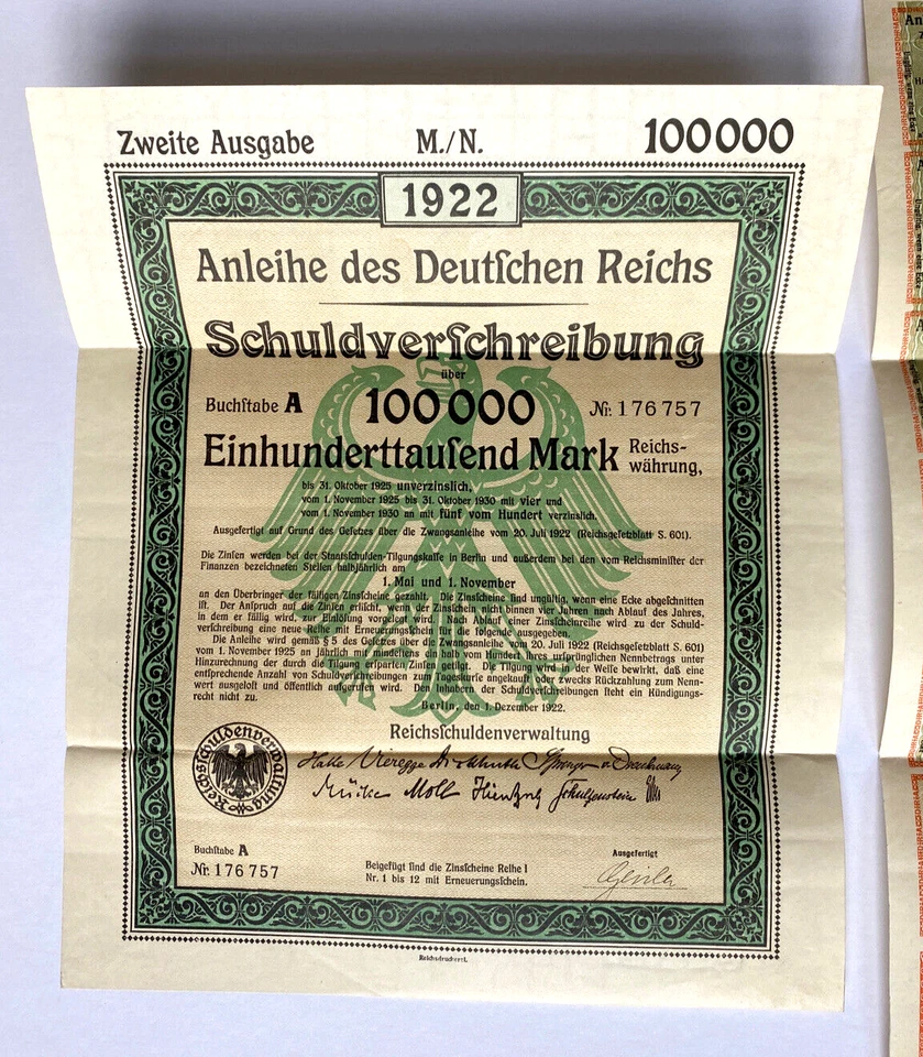 Cupones de bonos alemanes 1922 10 marcos consecutivos de 100.000 sin cancelar Foto 3 de 4