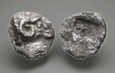 Troas, Kebren. AR 96th stater. 520-450 BC. Archaic Head of ram Incuse