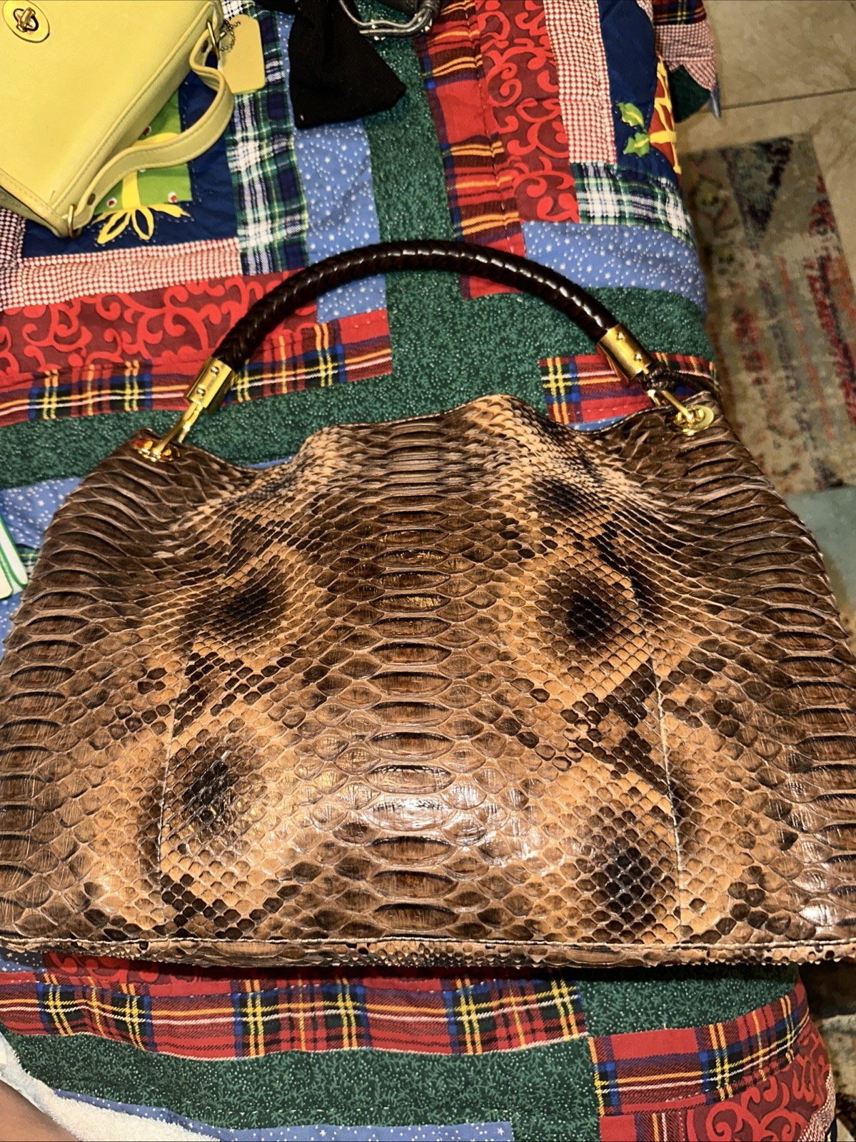 Michael Kors Snakeskin Embossed Leather Skorpios Tote Bag Gold and Brown