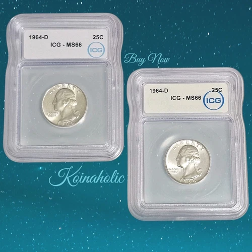 2 - 1964 D Washington Quarters 25c ICG MS66 Pulled From Storage Fast Ship 🚢