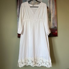 Vintage Athleta Sz M White 100% Linen Boho Dress 3/4 Sleeves Midi/See Details