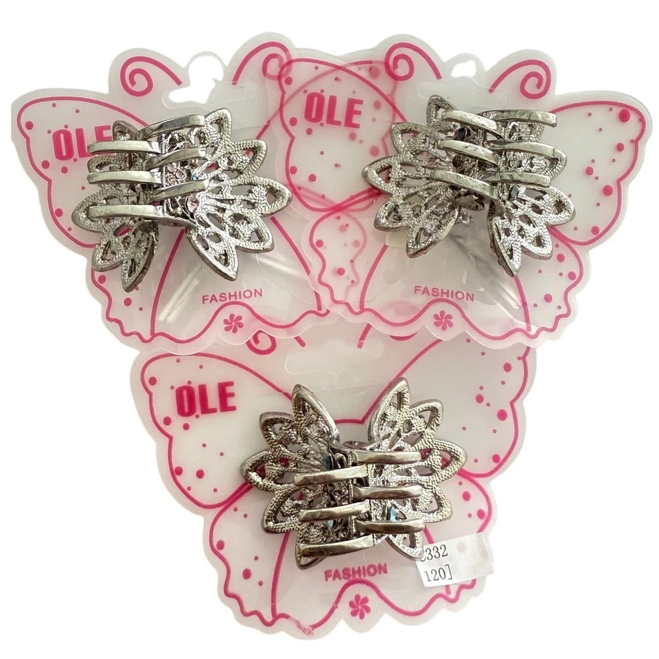 3 pinzas para el cabello nuevas con etiquetas de metal plateado y cristal de Swarovski con flores 1,75" x 2" Foto 3 de 4