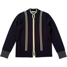 Misook Zip Up Cardigan S Navy Blue Cream Stripe Mock Neck Knit Quiet Luxury