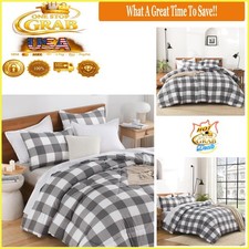 Queen Plaid Comforter Set 3 Pcs Gray White Gingham Kids Teens Lightweight Bed...