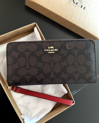 NWT Coach CW778 Long Zip Around Wallet in Signature Canvas Walnut and Bold Red