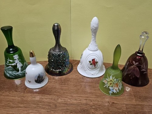 Vintage Lot Of 6 Bells, Fenton, Westmoreland, Linoges, Bohemia Glass & 2 Others