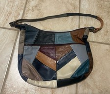 VTG Patchwork Genuine Real Leather Boho Shoulder Bag Multicolor Purse Zip