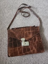 Vintage Brown Furla Made In Italy Alligator Style Genuine Leather Crossbody Bag 