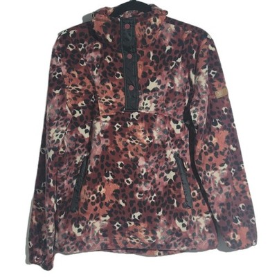 Roxy Alabama Fleece Jacket Womens Small Red Leopard Print Quarter Snap Pockets