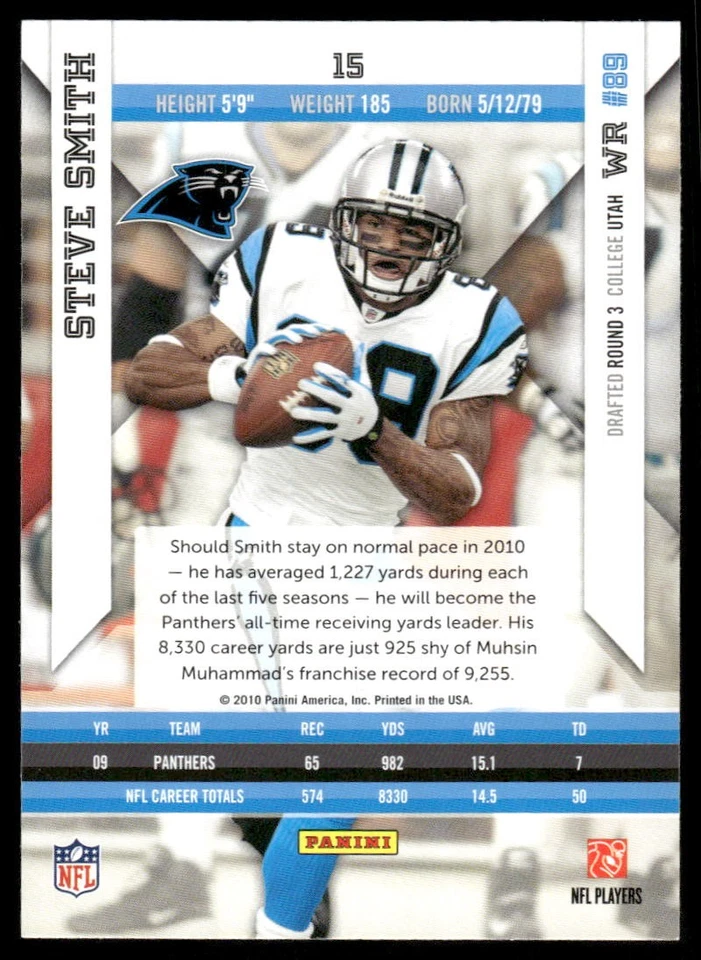 2010 Panini Epix #15 Steve Smith Carolina Panthers Football Card - Image 2 of 2