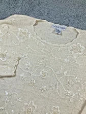Vintage DAVID HOLLIS Womens Cream Beaded LS Sweater Silk Angora Blend SZ Medium