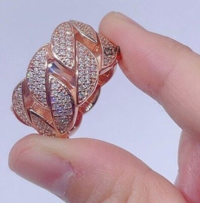 Premium Fully Pave Genuine Moissanite Cuban Link Band Wedding Ring 925 Silver